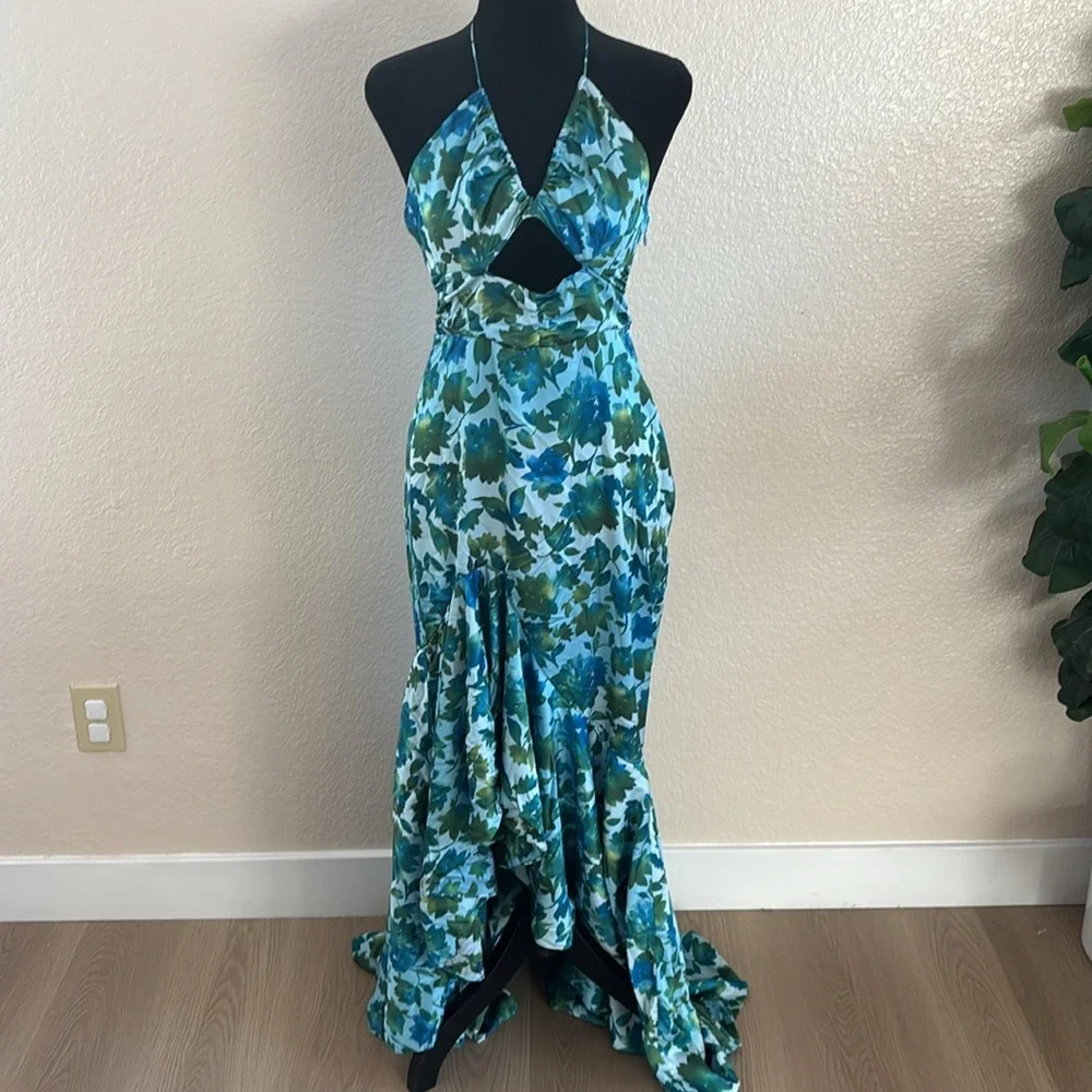 Amur $698 Edie Neck Tie Ruffle Blue Floral Maxi Dress - Picture 3 of 13